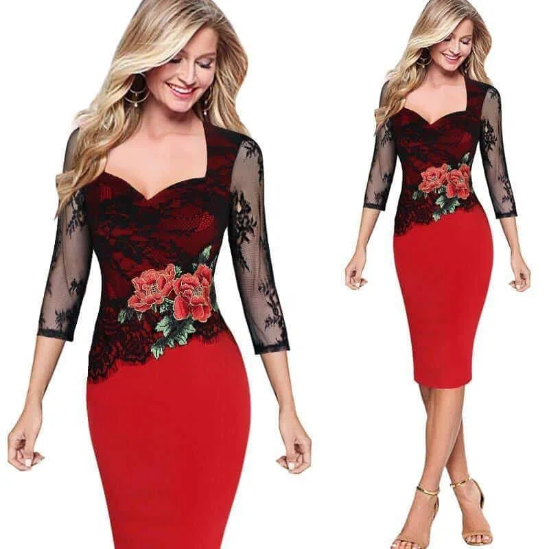 Elegant Vintage Floral Lace Women’s Pencil Dress