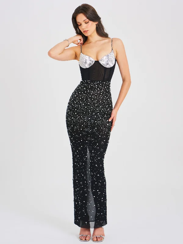 Jimena Crystal Embellished Back Slit Maxi Dress | Black