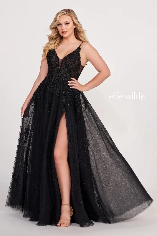 Ellie Wilde EW122102 Long A Line Formal Glitter Slit Prom Dress