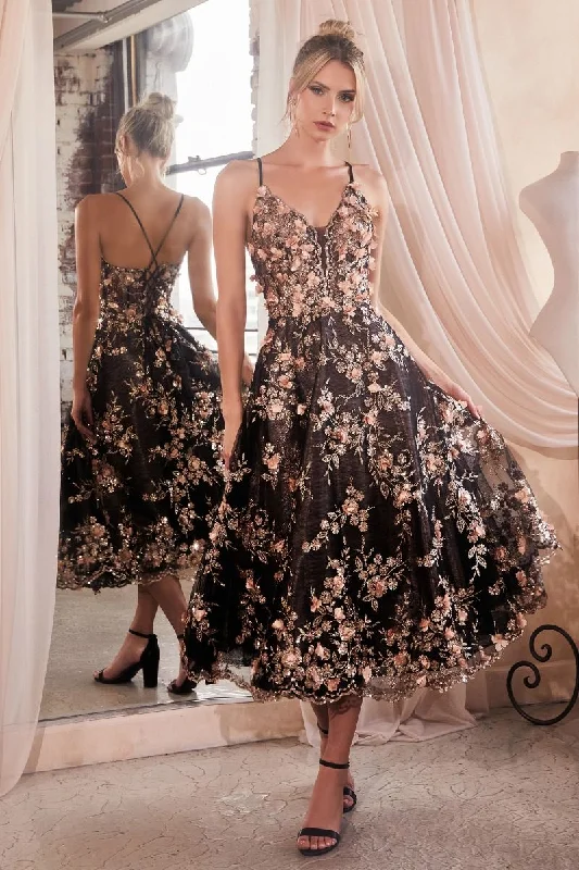 Cinderella Divine CC2261 Floral Applique Cocktail Tea Length Dress