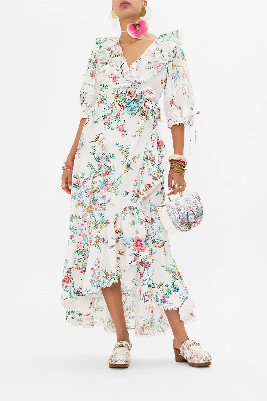 MAXI WRAP DRESS WITH PUFF SLEEVE PLUMES AND PARTERRES