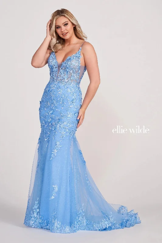 Ellie Wilde EW34067 Fitted Long Formal Applique Prom Dress