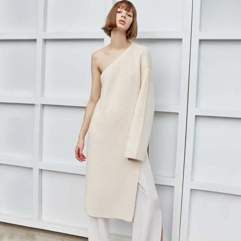 Long Sleeve Knitted One Shoulder Sweater Dress