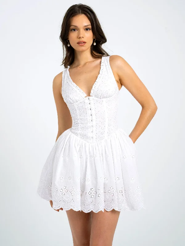 Aaliyah Eyelet Plunging Halter Drop Waist Mini Dress | White