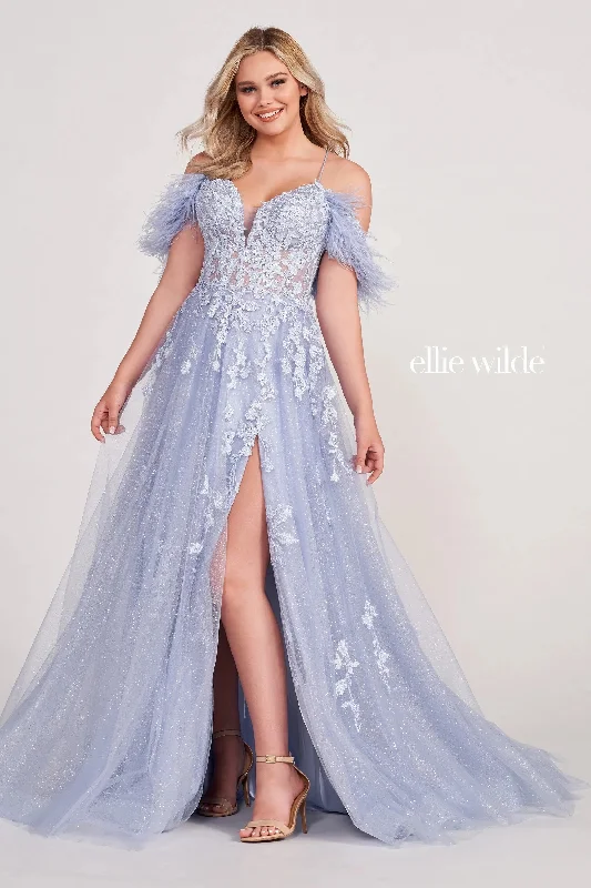 Ellie Wilde EW34066 Long Ball Gown Glitter Applique Prom Dress