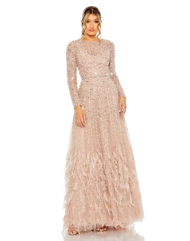 Mac Duggal 11782 Long Sleeve Formal Beaded Fringe Evening Gown