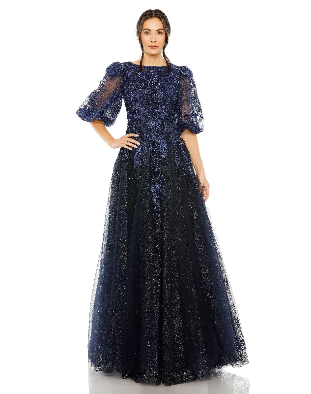 Mac Duggal 20506 Long Formal A Line Puff Sleeve Evening Dress