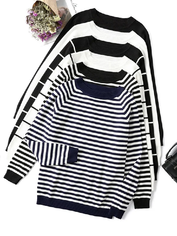 Autumn Winter Long Sleeve Striped Pullover Women Sweater Knitted Sweaters O-Neck Tops Pull Femme Jumper Female White