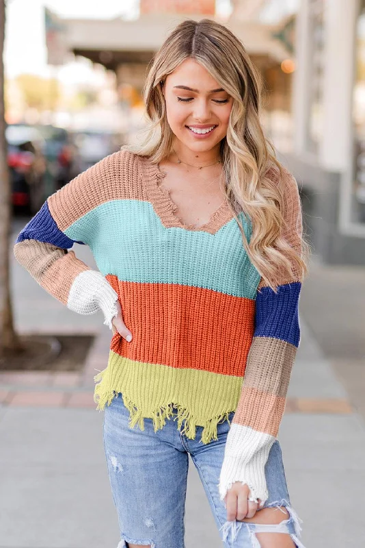 Apricot Orange Colorblock Distressed Sweater