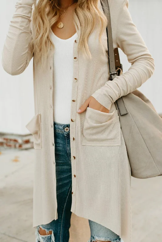 Apricot Selected Button Down Pocketed Knit High Low Long Cardigan