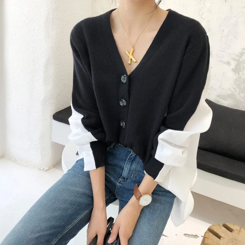 Black White Patchwork Cardigan Sweater Women 2019