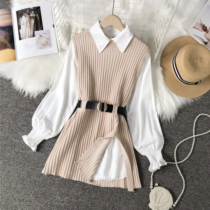 Long lantern sleeve shirt women knitted vest two piece set womens Shirts sets Sleeveless Sweater tops