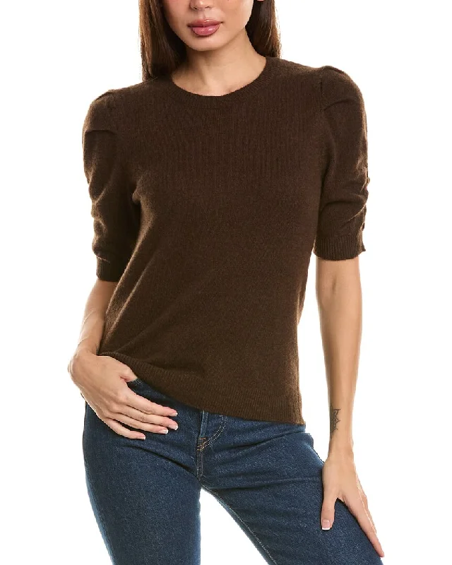 Magaschoni Pleated Ruched Elbow-Sleeve Cashmere Sweater