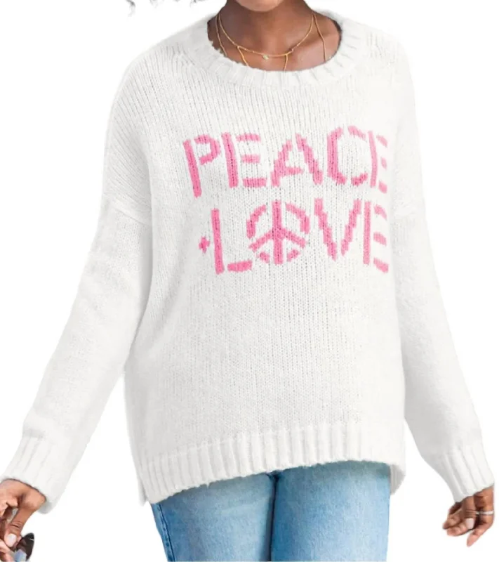 Peace Love Crew Sweater In White/pink