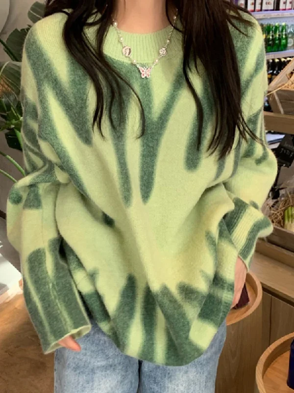 Print Knitted Sweater Women Elegant Green Striped Oversized Pullovers Women Winter Loose Long Sweaters Streetwear Sueter Mujer