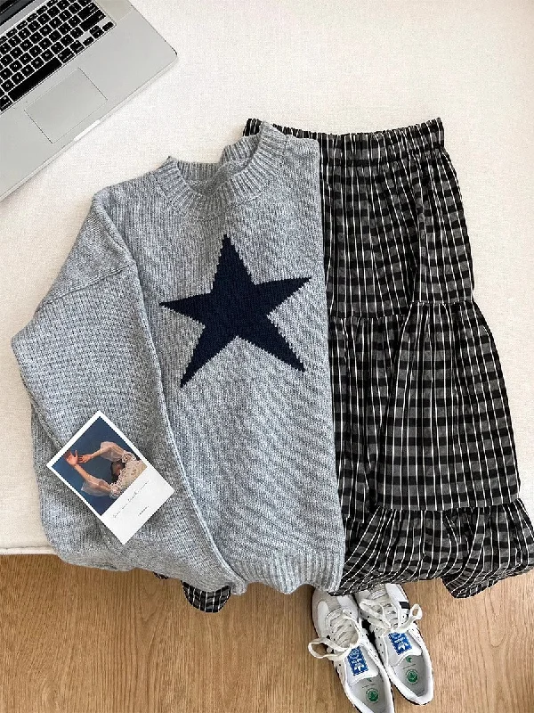 Soft round-neck star sweater plaid skirt suit   S4744