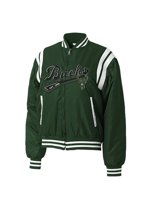 Women's Wear By Erin Andrews Green Milwaukee Bucks Satin Bomber Jacket