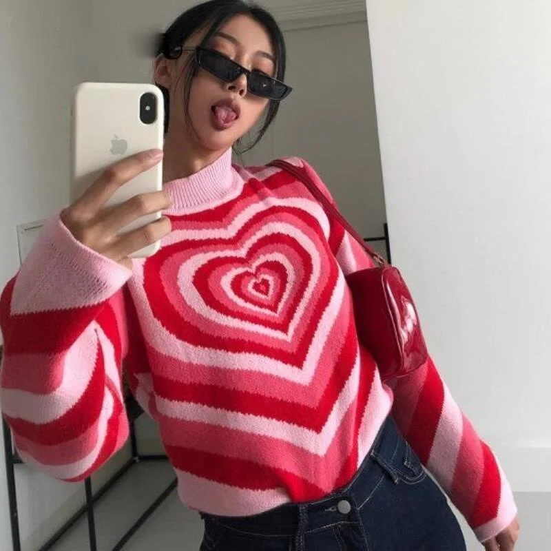 Y2K Knitted Sweater Aesthetics Heart Striped Pullovers Sweater Girls Sweet Long Sleeve Turtleneck Jumper Autumn Streetwear