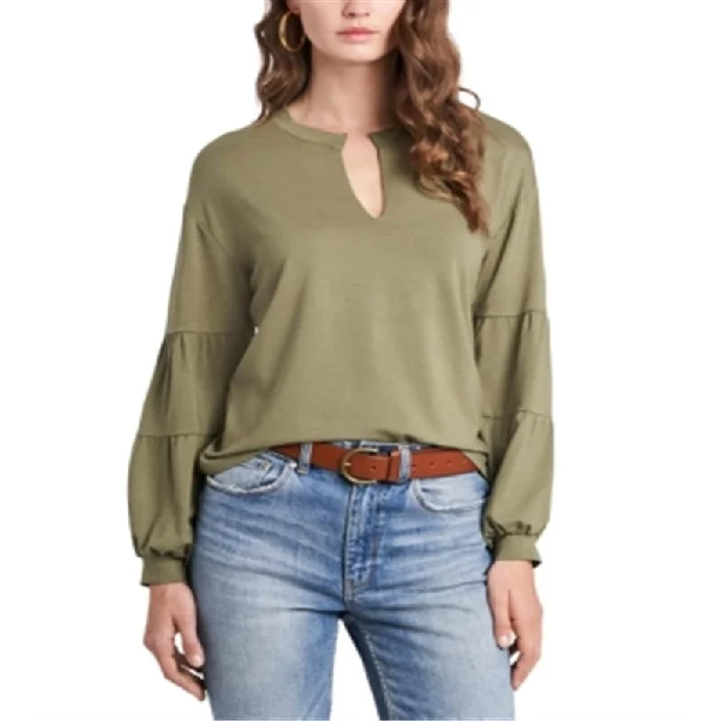 1.STATE Women's Long Sleeve Split Neck Knit Top Green Size X-Small