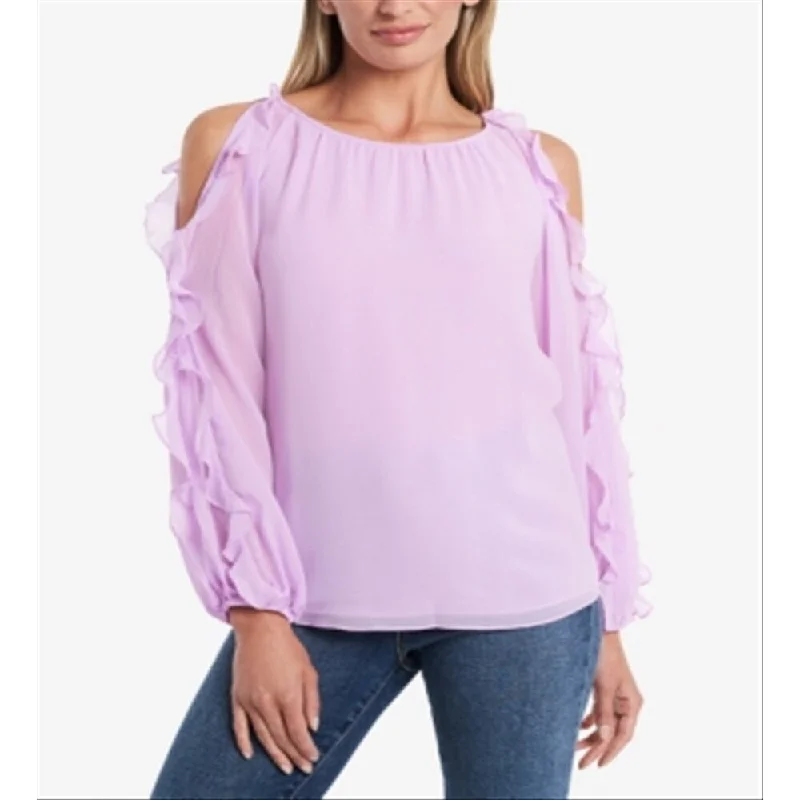 1.State Women's Ruffled Cold Shoulder Long Sleeve Scoop Neck Top Pink Size Large