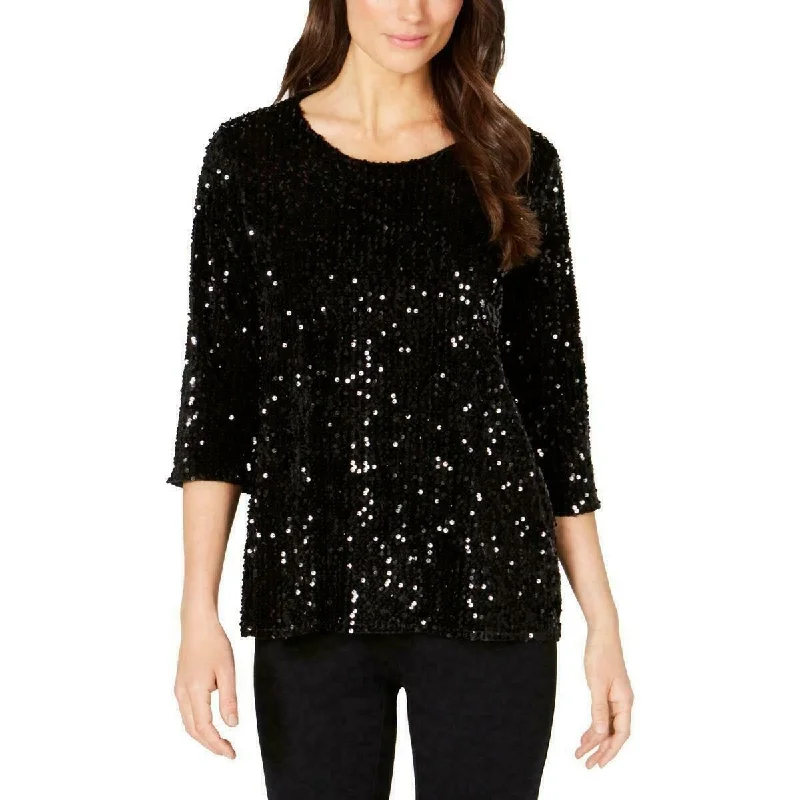 Alfani Women's Petite Sequin Blouse Top 3/4 Sleeve Bling Shirt Black Size Large