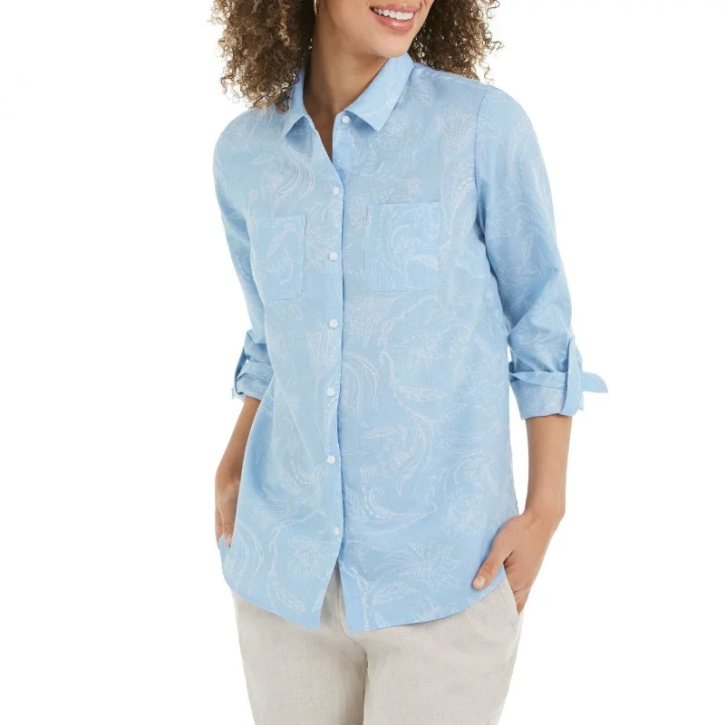 Charter Club Women's Artful Paisleys Linen-Blend Shirt Blue Size L - Large