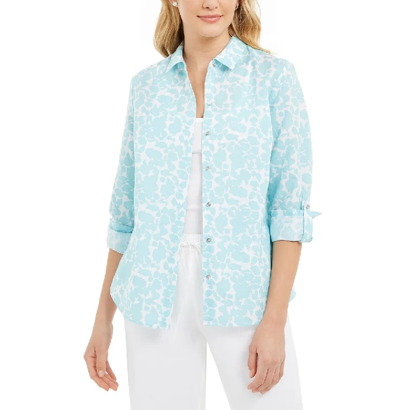 Charter Club Women's Floral-Print Linen-Blend Shirt Blue Size Extra Large