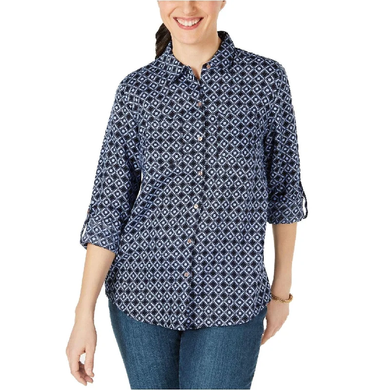 Charter Club Women's Linen Printed Button-Up Shirt Navy Size Extra Small - X-Small