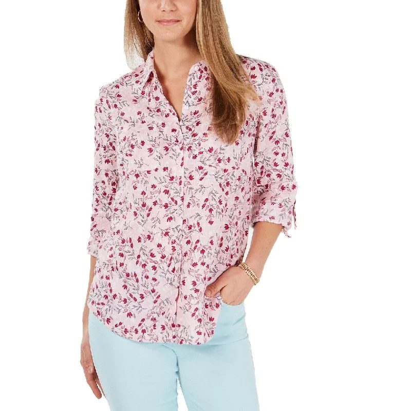 Charter Club Women's Petite Linen Floral Roll-Tab Shirt Pink Size Medium - M