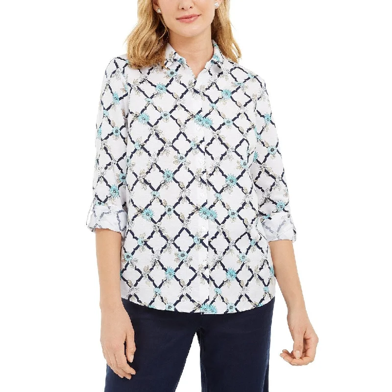 Charter Club Women's Printed Linen-Blend Shirt White Size Extra Large