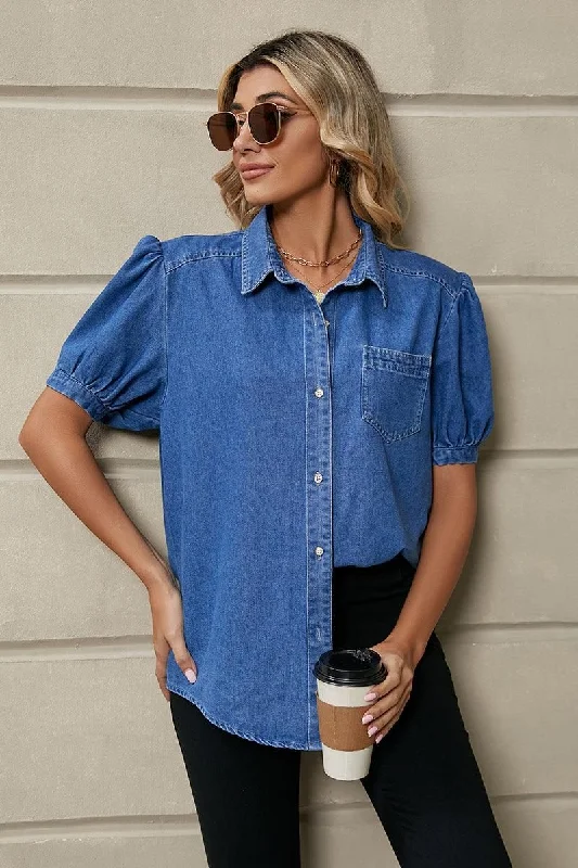 SHORT PUFF SLEEVE BUTTON DOWN DENIM SHIRTS