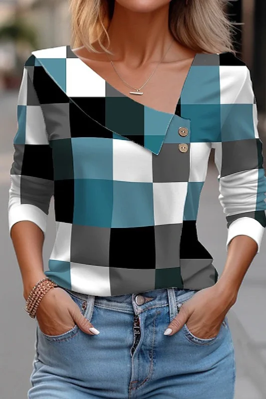 WOMEN LONG SLEEVE BUTTONED NECK PLAID PRINT TEE