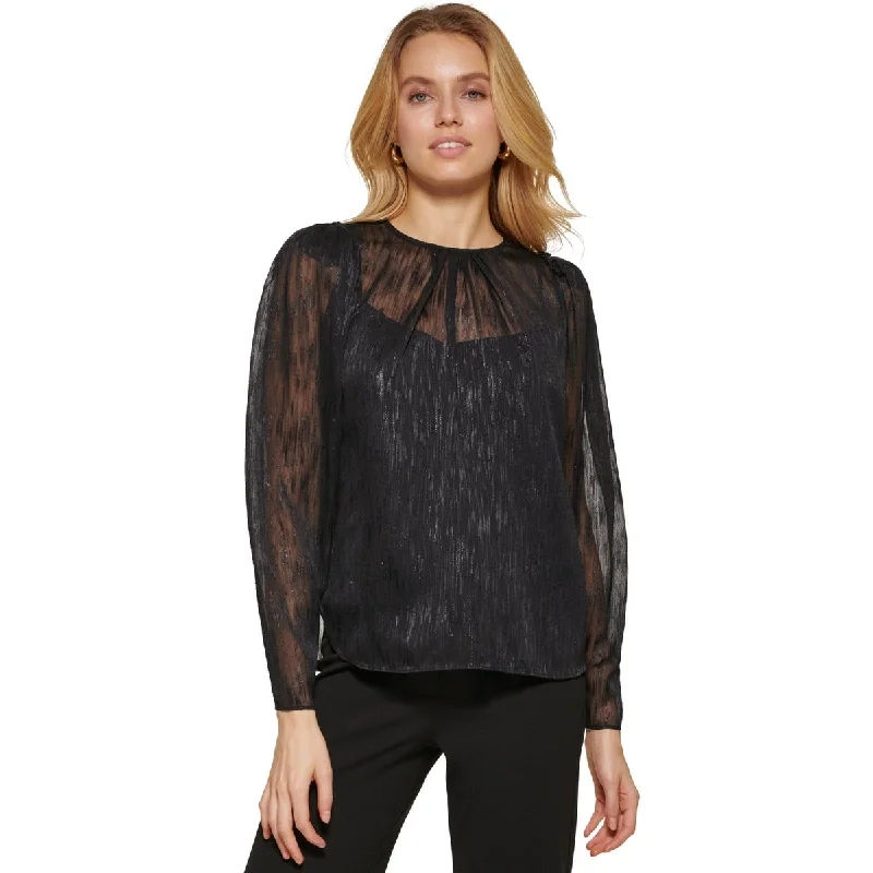 Dkny Women's Metallic Long Sleeve Blouse Black Size X-Small