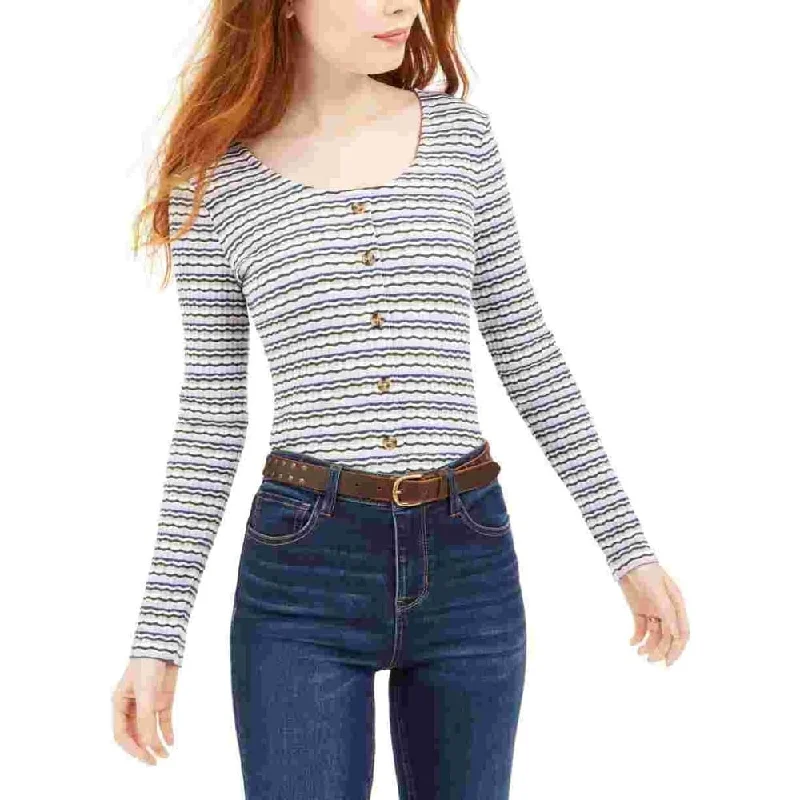 Hippie Rose Women's Striped Long Sleeve Scoop Neck Button Up Top Grey Size X-Small