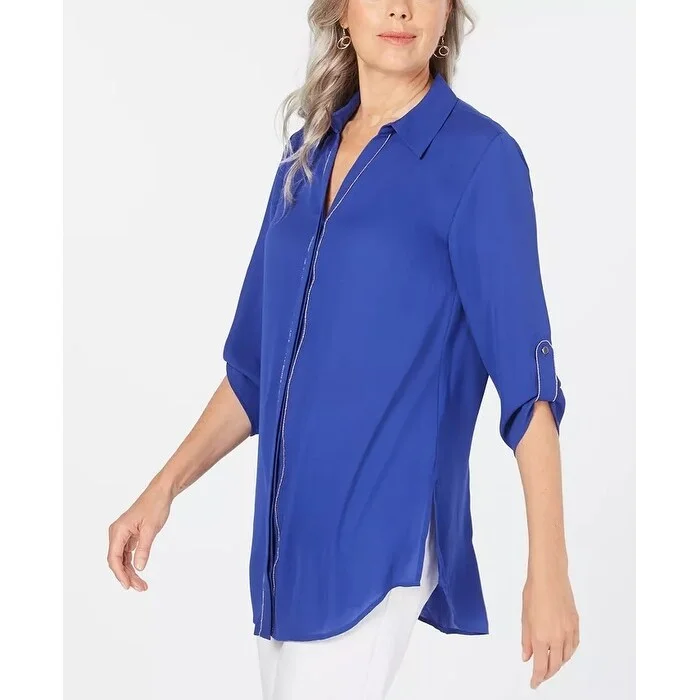 JM Collection Women's Embellished Utility Shirt Blue Size PM - Petite Medium