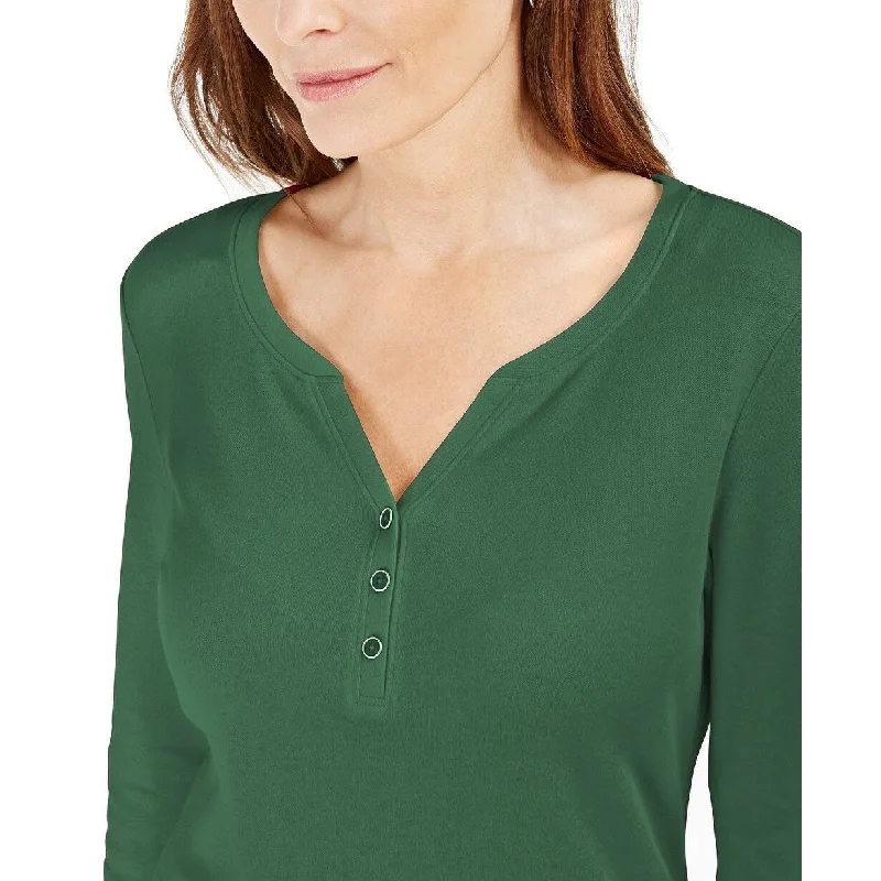 Karen Scott Women's 3/4-Sleeve Henley Shirt Spruce Night Size Extra Large - Green - X-Large