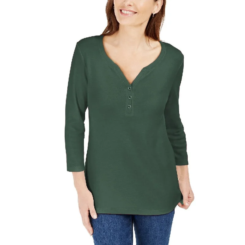 Karen Scott Women's 3/4-Sleeve Henley Shirt Spruce Night Size Large - Green