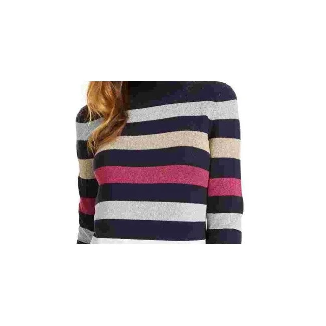 Maison Jules Women's Navy Glitter Striped Long Sleeve Mock Top Navy Size Small