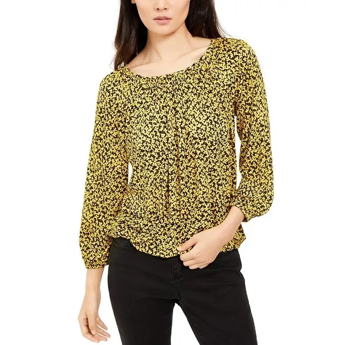 Michael Kors Women's Printed Ruched Long Sleeve Peasant Top Yellow Size X-Large