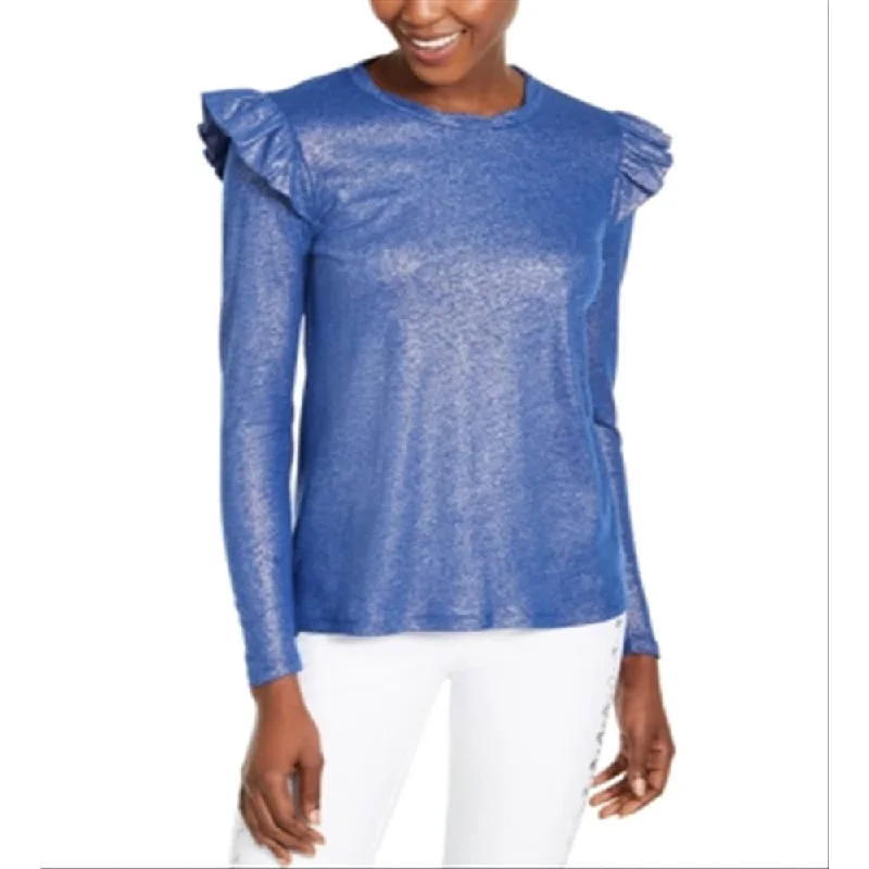 Michael Kors Women's Ruffled Metallic Long Sleeve Jewel Neck Top Blue Size Large