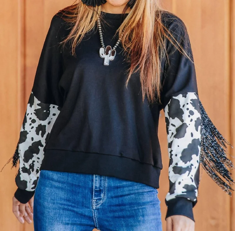 Midnight Rodeo Long Sleeve Fringe Top In Black Cow