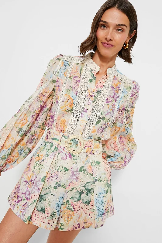 Multi Watercolour Floral Halliday Lace Trim Shirt