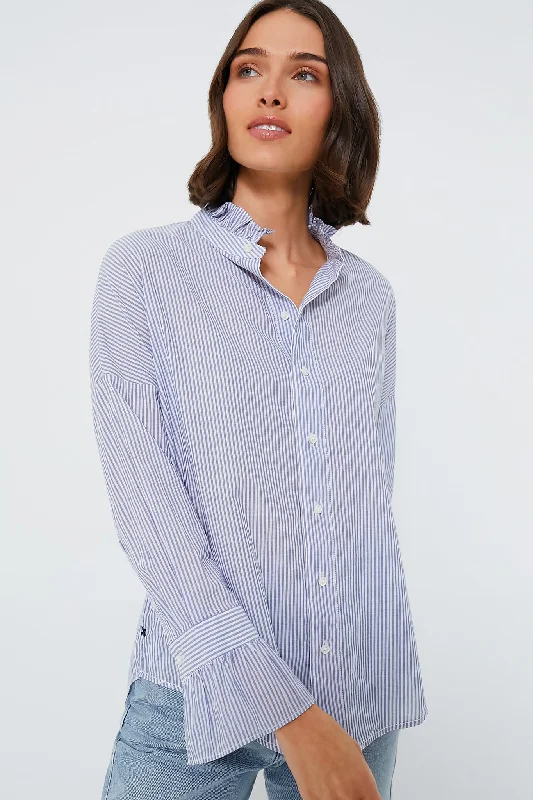 Navy and White Voile Stripe Easy Ruffle Shirt