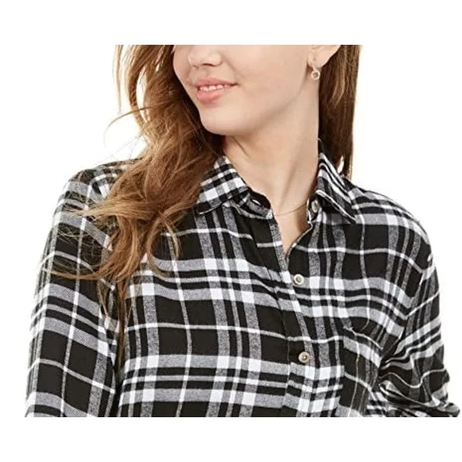 Polly & Esther Juniors Women's Plaid Utility Shirt Black Size Small