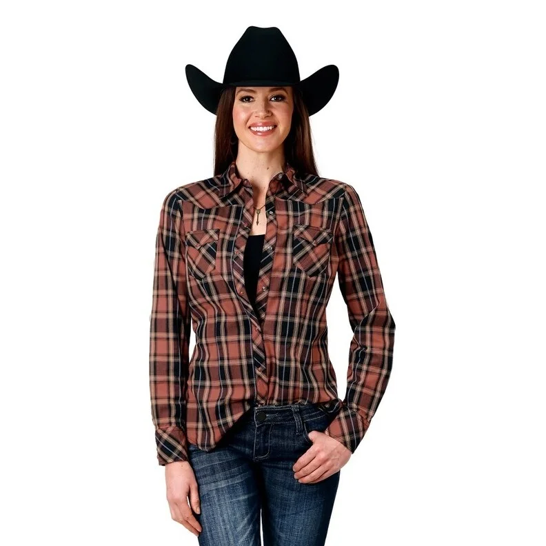 Roper Western Shirt Womens Plaid L/S Snaps Brown 03-050-0062-0104 BR