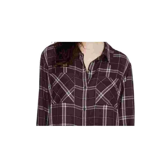 Sanctuary Women's Maroon Plaid Long Sleeve Collared Button Up Top Black Size Medium