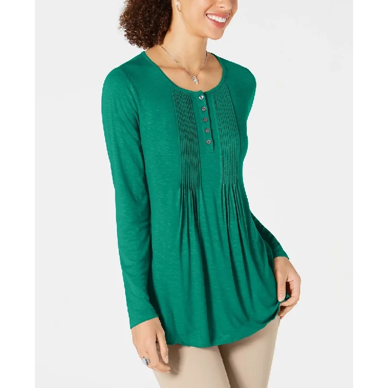 Style & Co Women's Long Sleeve Pintuck Top Green Size Small