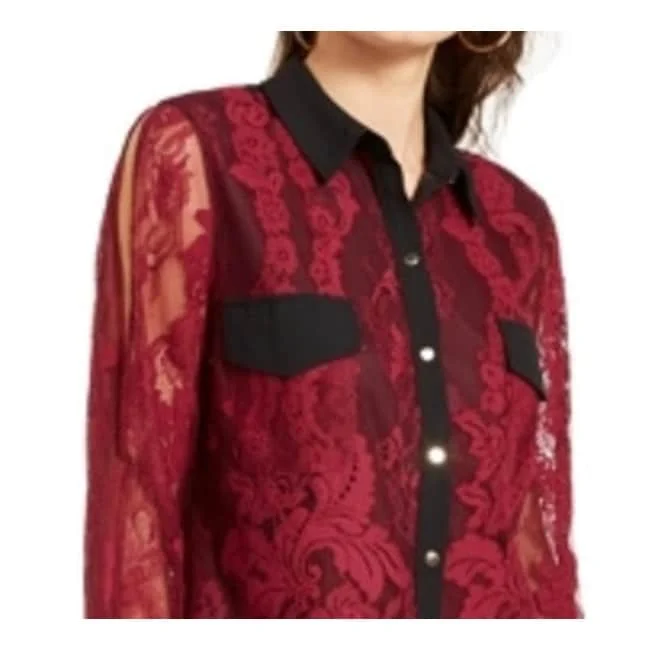 Thalia Sodi Women's Mixed Media Button Up Shirt Red Size X-Small