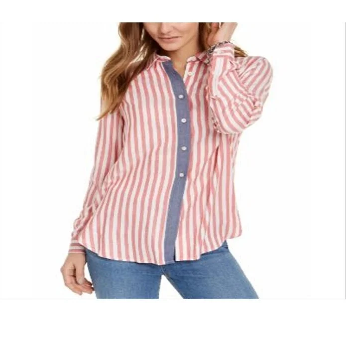 Tommy Hilfiger Women's Chambray & Stripes Button up Shirt Red Size XX-Large