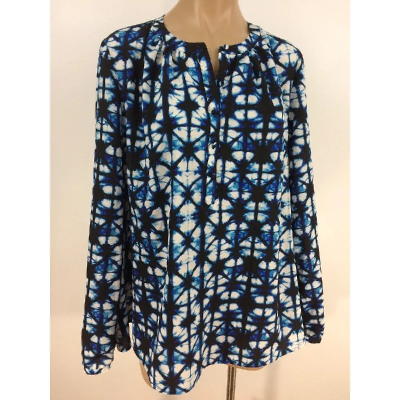 Tommy Hilfiger Womens Long Sleeve Star Dye Printed Blouse Blue - L